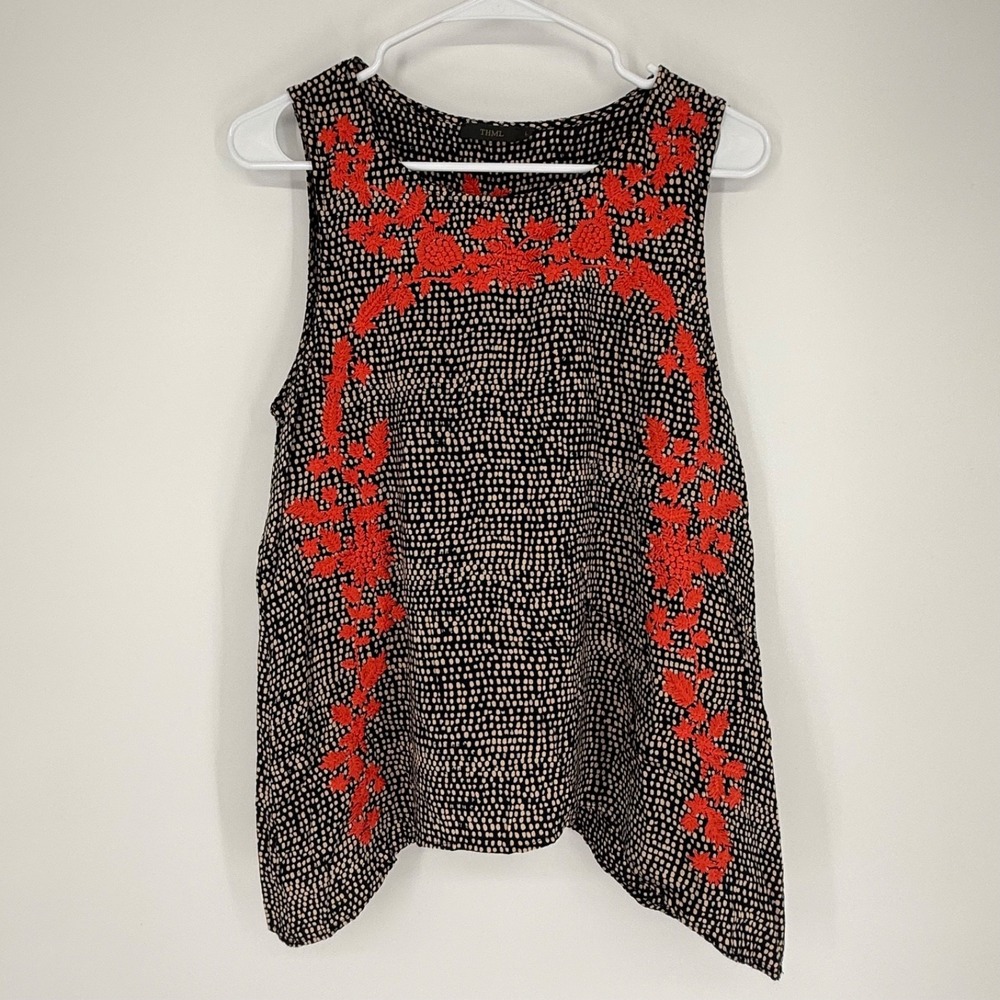 THML Shirt Women's Large Black Orange Embroidered Dark Boho Festival Whimsy Chic